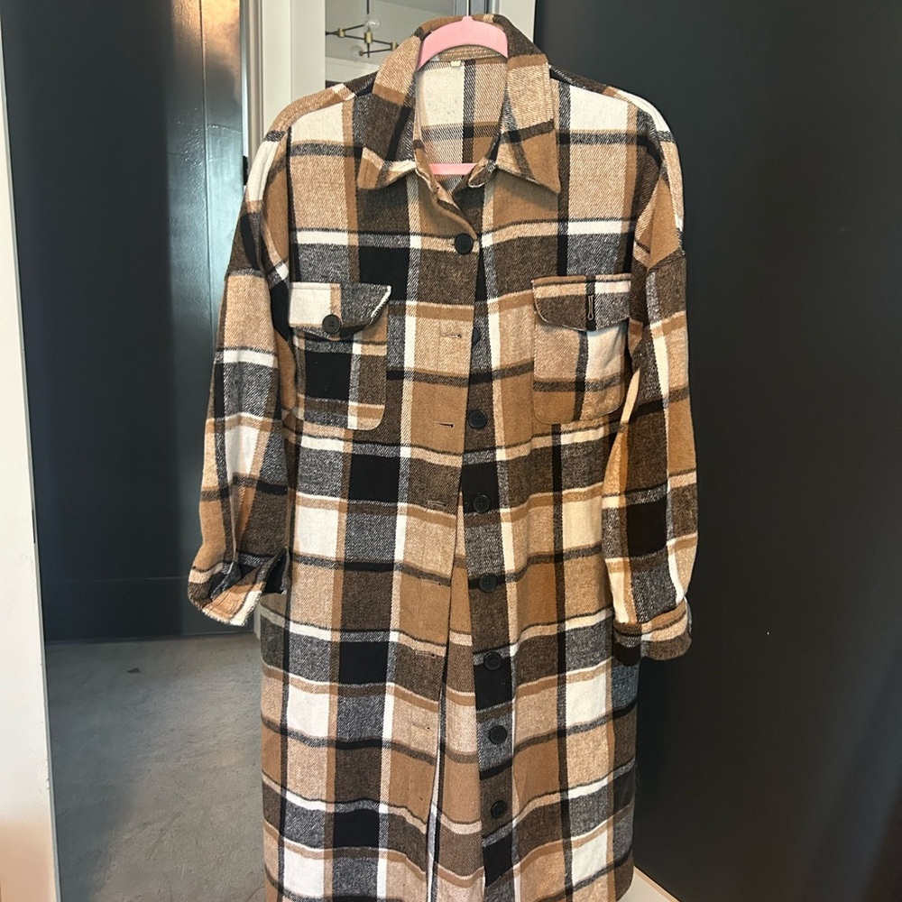 Plaid Long Shacket in Camel, Black & Cream